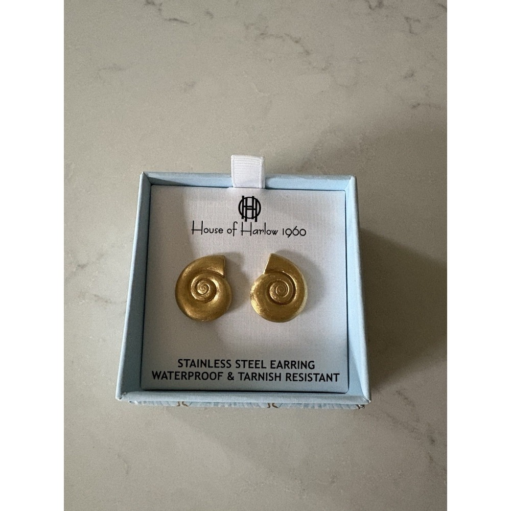 NEW House of Harlow 1960 Gold Stainless Steel Nautilus Shell Earrings Coastal